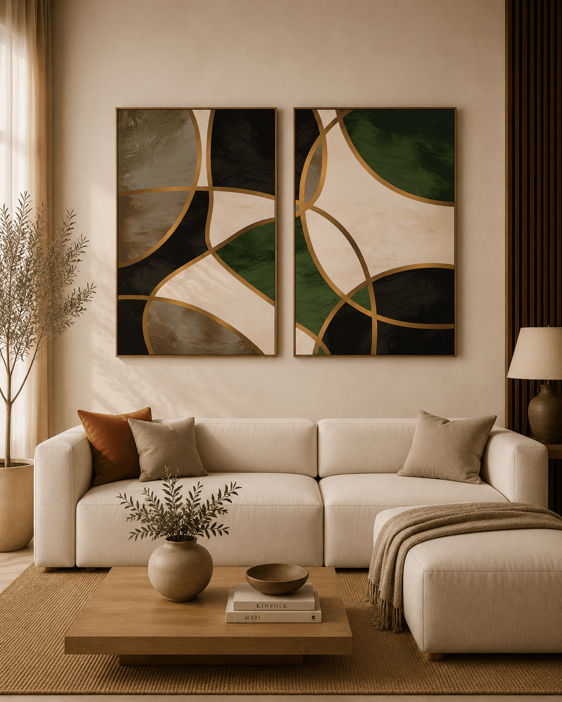 KIT 2 QUADROS DECORATIVOS - ABSTRATO TONS DE VERDE E OURO